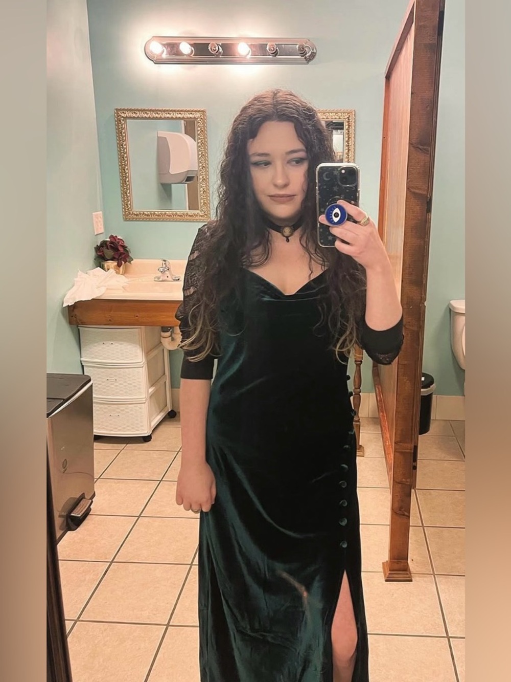 Emerald Green Velvet Midi Slip Dress with Button Details